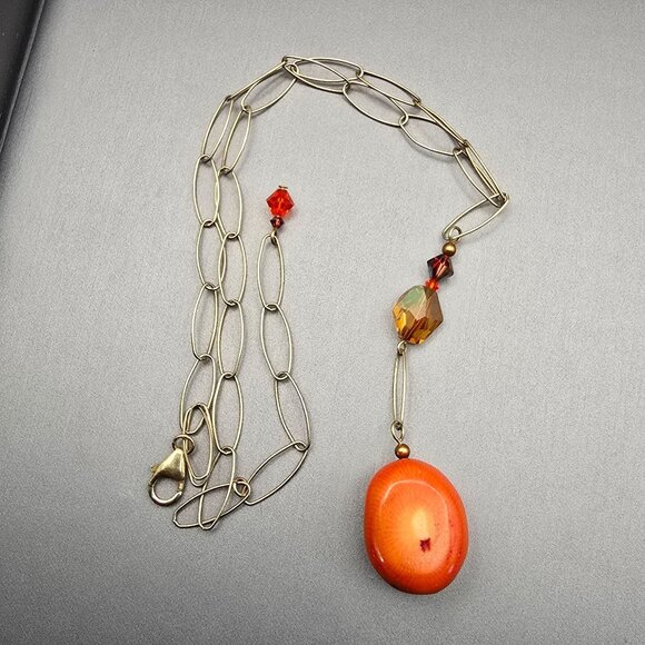 Estate Jewelry - VTG 14K Gold Filled Natural Coral Y Drop Necklace 16" Paperclip Chain w/ Crystal